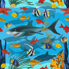 Seamless underwater background with shark and tropical fish. vector illustration