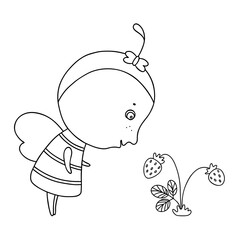Cute friendly cartoon bee looking at the strawberry. Insect character. Vector outline illustration.
