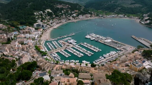 Beautiful aerial harbour of Port de Soller, Mallorca, Spain