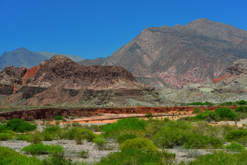The rugged and arid landscape of the Quebrada de Cafayate, or Quebrada de Las Conchas, Cafayate, Salta Province, Northwest Argentina