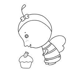 Cute friendly cartoon bee looking at the cupcake. Insect character. Vector outline illustration.