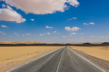 Asphalt Road View of the White Desert Protected Area in the Farafra Oasis, Egypt