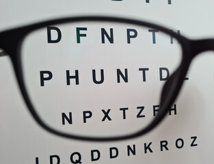 Glasses on background of eye test chart closeup