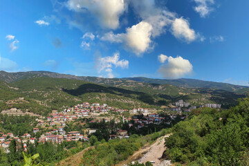 Fototapeta na wymiar Turkish army village houses aerial view, blue cloudy sky