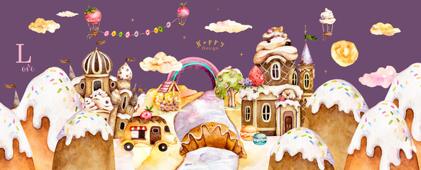 Sweet land watercolor illustration, wonderland. Cartoon fantasy candy houses and fairy tale sweet castles. Chocolate, gingerbread and ice cream watercolor set. Dessert homes with cream,hot air balloon - 506125057