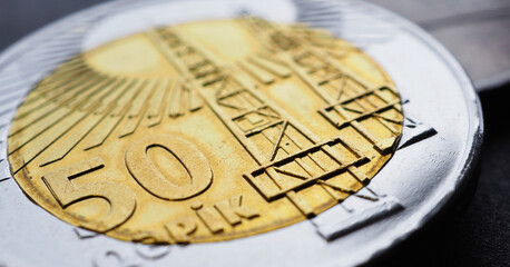 Azerbaijani coin of 50 qepiks close-up. Money of Azerbaijan. News about economy or finance. Loan and credit. Savings and interest. Azeri qepik coins. Horizontal stories. Macro