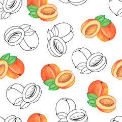 Peaches seamless pattern. Watercolor illustration.