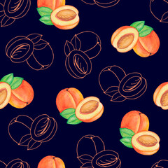 Peaches seamless pattern. Watercolor illustration.