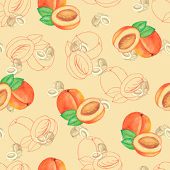 Peaches seamless pattern. Watercolor illustration.