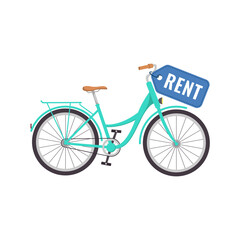 Bike rental service. Bike with big label. Rental service, transport business. 