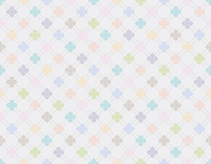 Seamless modern Thai art pattern. Square shape in pastel colors. Gray lines on a white background. Vector illustration.