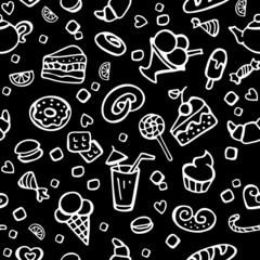 Seamless pattern 03 with hand drawn desserts and pastries and sweets like candies and cupcakes and cookies black and white background