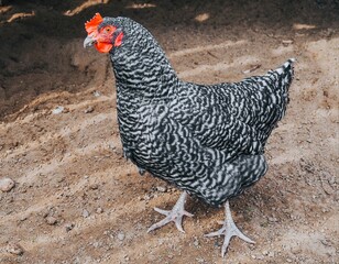Free-range beautiful chicken on an organic farm in ground. Concept of organic farm, agriculture and household.
