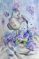 Jug with beautiful lilac flowers on a gray background. Lilac in a ceramic cup. Watercolor. 