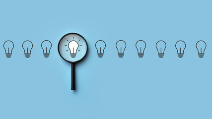 There are many non-burning light bulbs and one burning light bulb. A symbol for finding and solving...