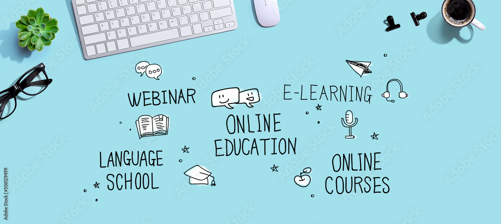 Poster online education theme with a computer keyboard and a mouse