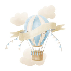 Hot Air Balloon Template for Birthday or Greeting cards. Cute Watercolor hand drawn illustration in Blue and beige colors. Postcard for newborn party © Alisles