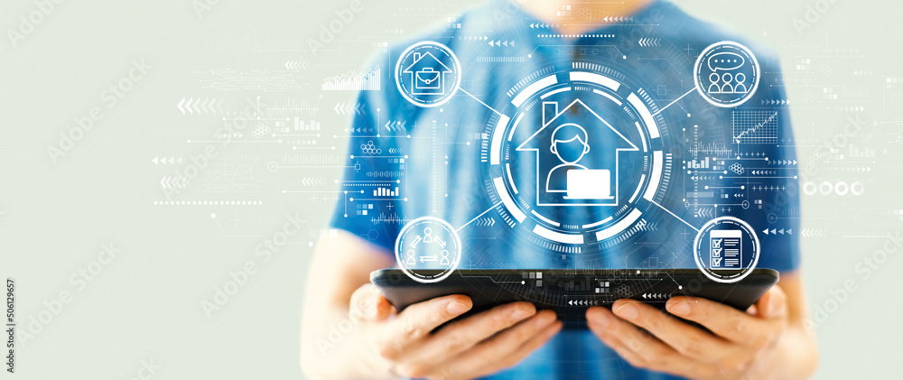 Poster Remote Work theme with young man using a tablet computer