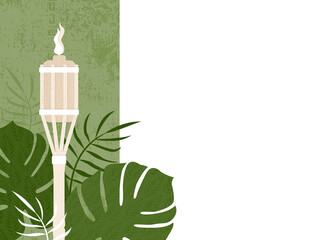 A luau tiki torch and palm fronds, in a cut paper style with textures
