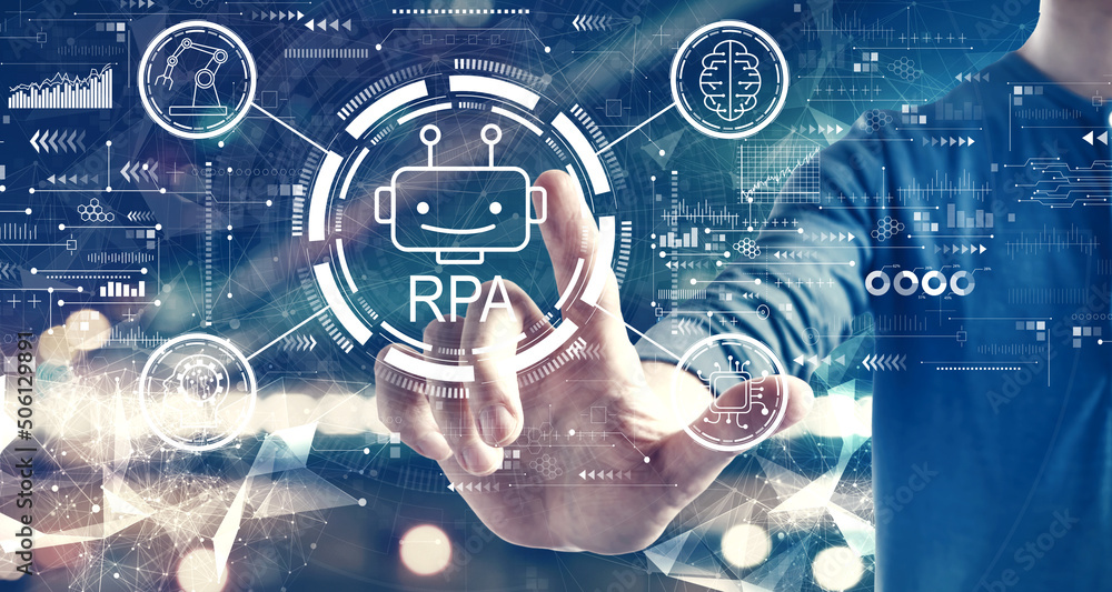 Poster robotic process automation rpa theme with a man on blurred city background