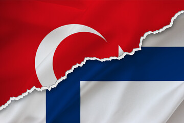 Turkey and Finland waving silk flag ripped paper background.