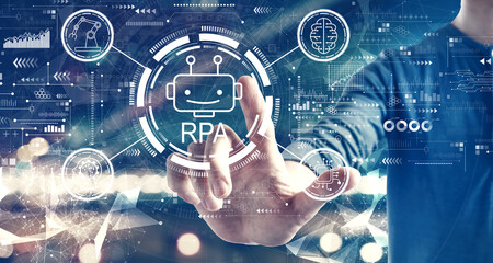 Robotic Process Automation RPA theme with a man on blurred city background