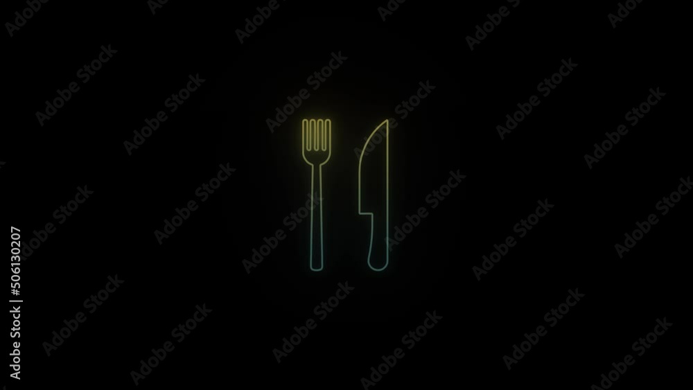 Poster glowing neon fork and knife icon on black background. cutlery for receiving guests. 4k video animati