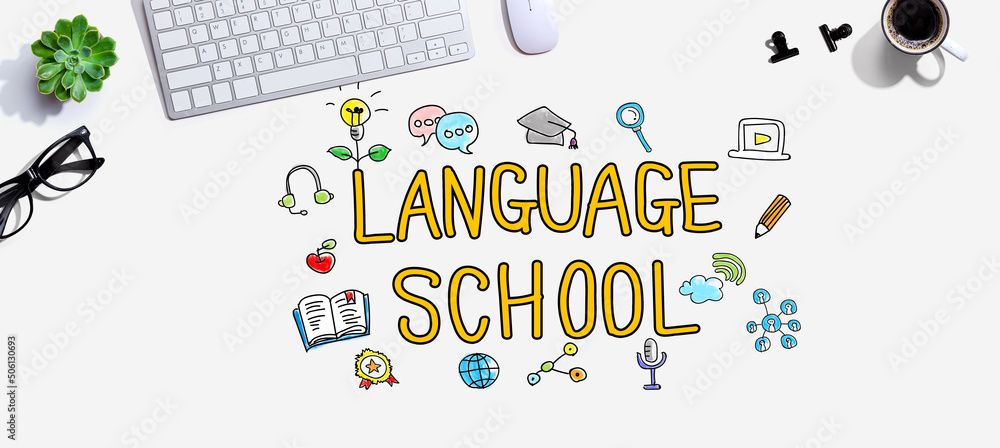 Poster language school with a computer keyboard and a mouse