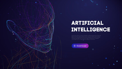 Ai digital brain. Artificial intelligence woman. Human head robot digital technology background.