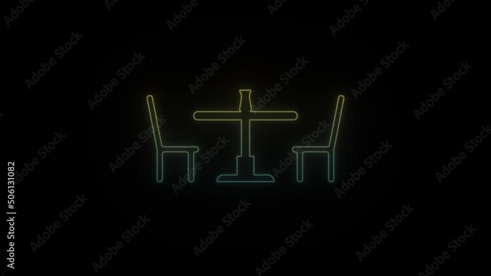 Poster glowing neon table and chairs icon on black background. table in a cozy cafe for a couple. 4k video 