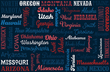 Blue background with cute lettering of USA states. Vector design.
