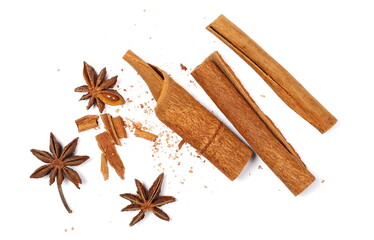 Star anise and cinnamon stick isolated on white, top view 
