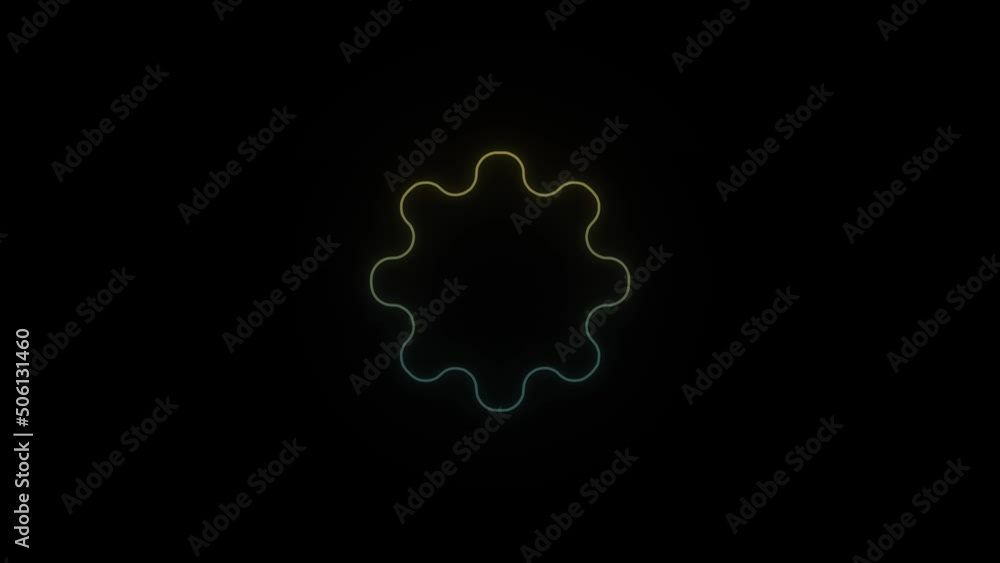 Poster glowing neon gear icon on black background. clover of a large mechanism. 4k video animation for moti