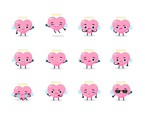 Fototapeta premium Flat pink collection emotions angel heart head face with wings.