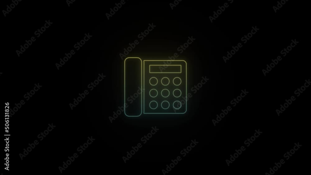 Poster glowing neon phone icon on black background. old push button phone. 4k video animation for motion gr