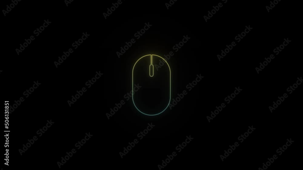 Poster glowing neon pc mouse icon on black background. computer and laptop control. 4k video animation for 