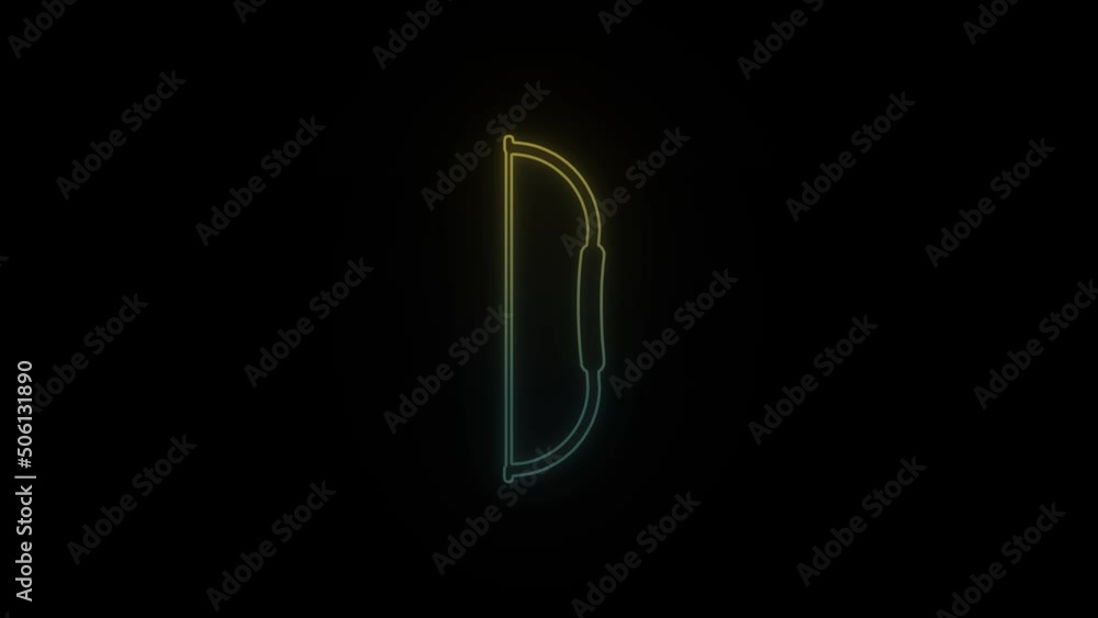 Poster glowing neon bow icon on black background. bow for shooting at a target. 4k video animation for moti
