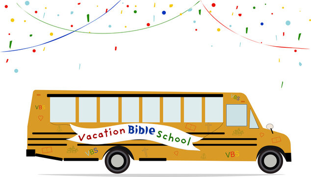 School bus with  Vacation Bible School text "VBS" vector illustration, church icons and confetti. Summer kids camp concept. Copy space text.