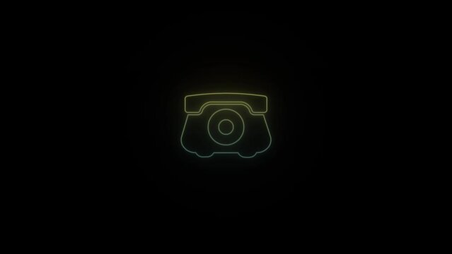 Glowing neon phone icon on black background. old disk phone. 4K video animation for motion graphics and compositing.