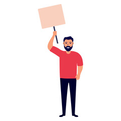 Male activist character.Hand holding empty banner.Concept of big sale, discount.Man holding clean placard.Isolated on white background. Vector flat illustration.