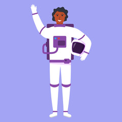 Obraz premium Joyful astronaut space suit.Spaceman with helmet.Male cosmonaut or space.Isolated on white background. Vector flat illustration.