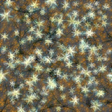 Abstract illustration featuring hazy,, little white-yellow-blue star flowers with black stems, strewn across a field of tan dots