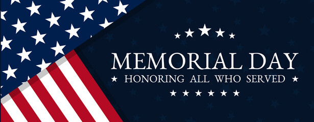 Vector of US Memorial Day celebration background banner or greeting card, with text and USA flag elements.