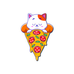 Cute cat sleeping on pizza slice cartoon vector icon illustration. animal food icon concept isolated Premium Vector