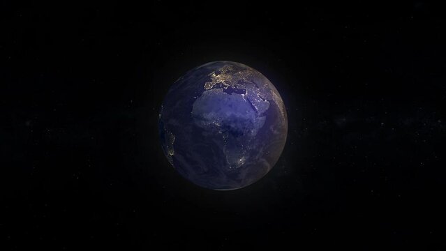 4k Video, Animation of Earth seen from space in night, the globe spinning on satellite view on dark background. Global space exploration space travel concept digitally generated image. 