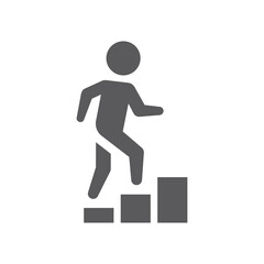 Man climbing stairs black vector icon. Staircase filled symbol.