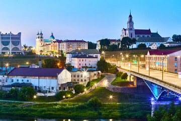 Grodno Regional Drama Theatre, St. Francis Xavier Cathedral in morning streets in visa free Hrodna or Grodno Belarus