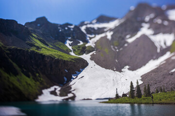 Fototapeta premium Tilt shift, Mini Mountain with blue lake