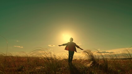 Happy child runs with arms raised like airplane wings, childhood dream in park. Silhouette of child...
