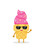 Cartoon pink sunglasses ice cream emoji character. Sweet food. Cute vector illustration